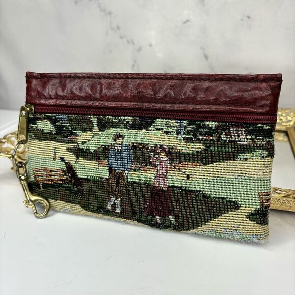 vintage Handbags - Vintage needlepoint Toiletry Bag Pouch Tapestry Art Golf  Design Toiletry Bag